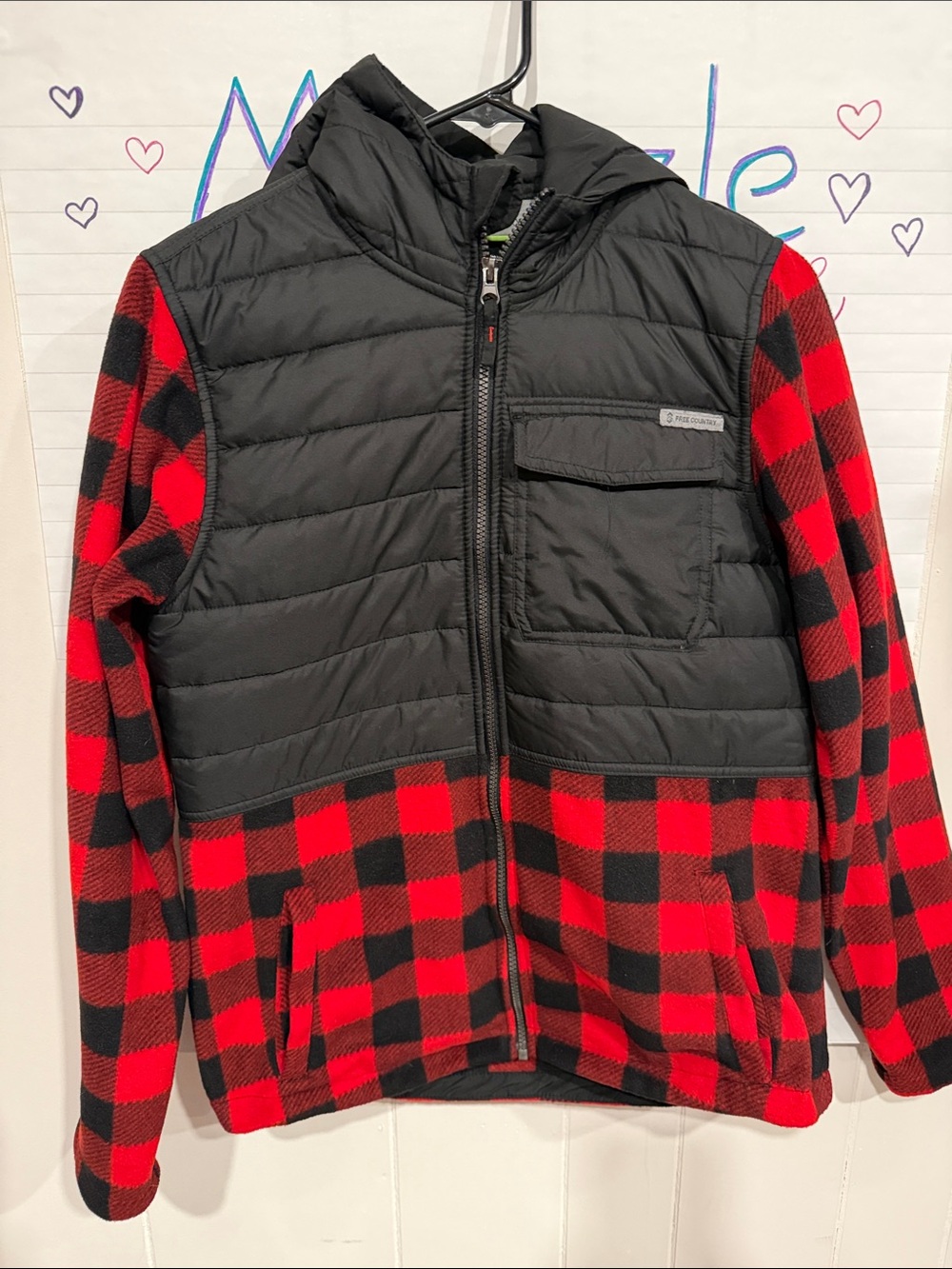 Free Country Kids Puffer Hoodie with Red & Black Buffalo Plaid